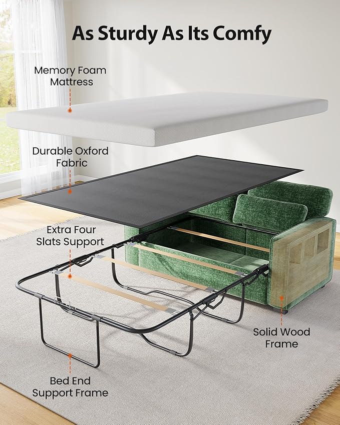 Marsail Pull Out Sofa Bed Queen Size Sleeper Sofa with Memory Foam Mattress 2-in-1 Convertible Chenille Couch Bed with 2 USB Charging and Removable Covers Loveseat for Living Room Apartment Green