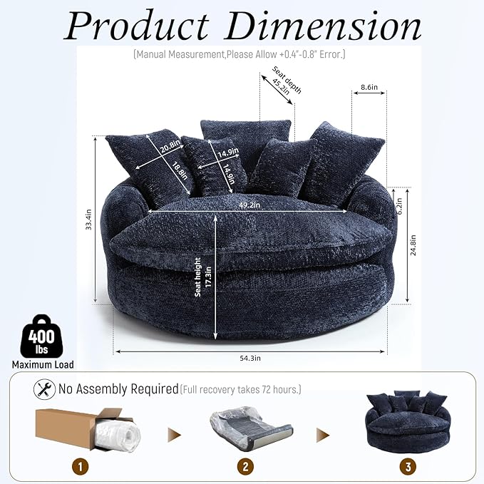 54 Oversized Round Chair Couch Lounge Chaise Indoor Comfy Boneless Sofa for Living Room Cloud Large Circle Couch Chair with 5 Pillows Fluffy Modern Sleeper Sofa Bed for Reading (Blue)