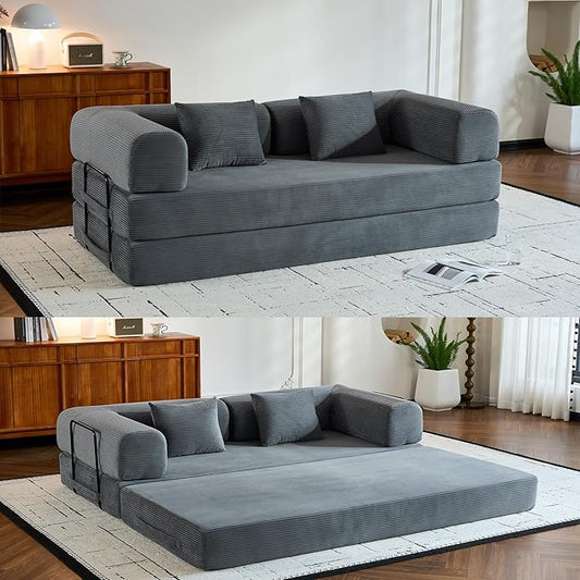 Convertible Sleeper Sofa Bed with Fixed-Shape Frame Modern Corduroy Folding Boneless Couch with 2 Pillows Comfy Floor Sofa Couch for Living Room No Assembly Required Grey