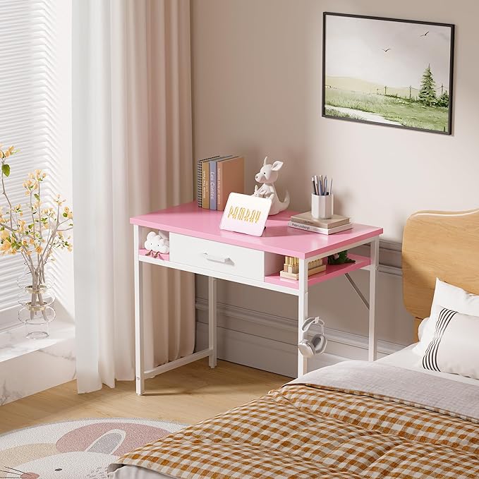 Pamray 32 Inch Small Computer Desk with Drawer and Shelves Simple Study Work Table for Bedroom Pink