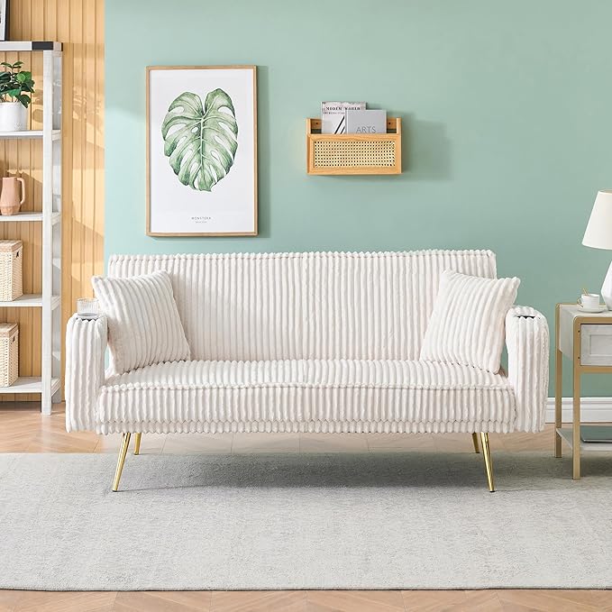 73 Convertible Futon Sofa BedComfy Teddy Fabric Sleeper Couch with 3 Reclining BackrestsGolden Chrome LegsModern Cloud Sofa Loveseat for Small Living Room Office (Beige)