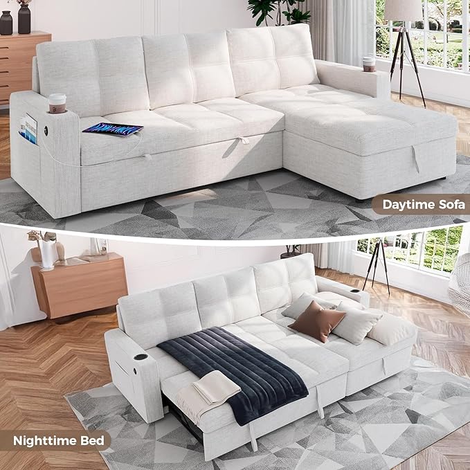 85 Inch Modular Sectional Sleeper Sofa Bed with StorageL Shaped Sectional Couches Bed with Pull Out Couch BedUSB ChargingCup Holders and Side Pocketsfor Living Room/Office/Apartment