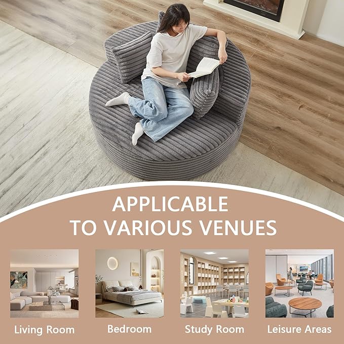 55''W Oversized Round Chair with PillowsComfy Corduroy Single ChairOversized Accent Chair with Deep Seat Modern Large Reading Chairs for Living Room &amp Bedroom (Grey)