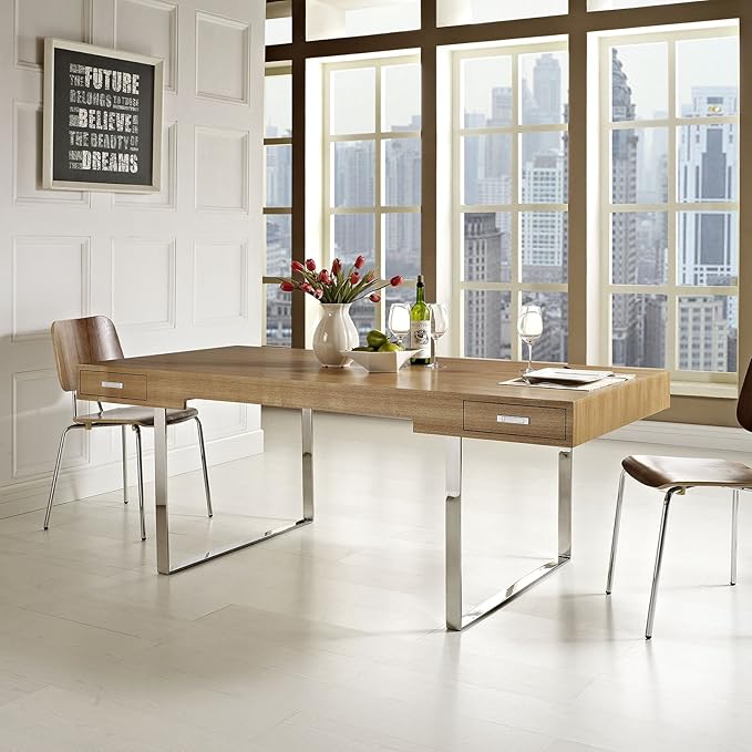 Modway Tinker Contemporary Modern Wood and Stainless Steel Office Desk With Two Drawers in Natural