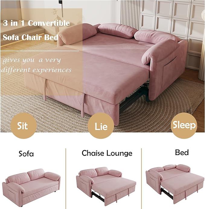 KEIKI 3 in 1 Full Pull Out Sofa Bed with Adjustable Backrest &amp Side Storage Pockets Velvet Recliner Lounge Sofa for Small Living Spaces Pink