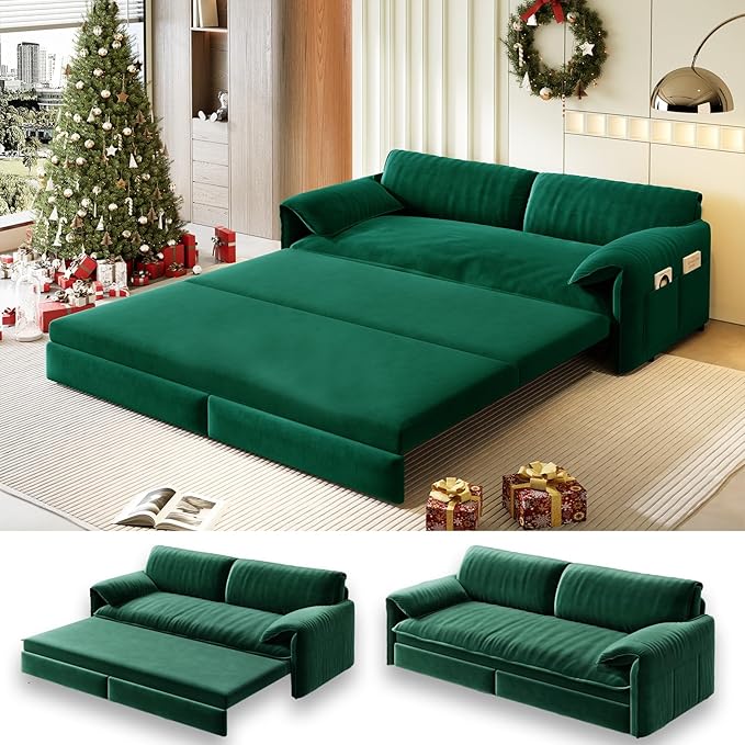 63.8 Futon Sofa Bed Queen Size Pull Out Bed 3-in-1 Convertible Sleeper Sofa with Side Pocket Modern Velvet Futon Couch for Living Room Small Space Apartment Bedroom Green