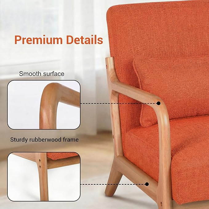 Mid Century Accent Chair Comfy Arm Chair with Solid Wood Frame Upholstered Modern Chair for Living Room Bedroom Waiting Room Orange