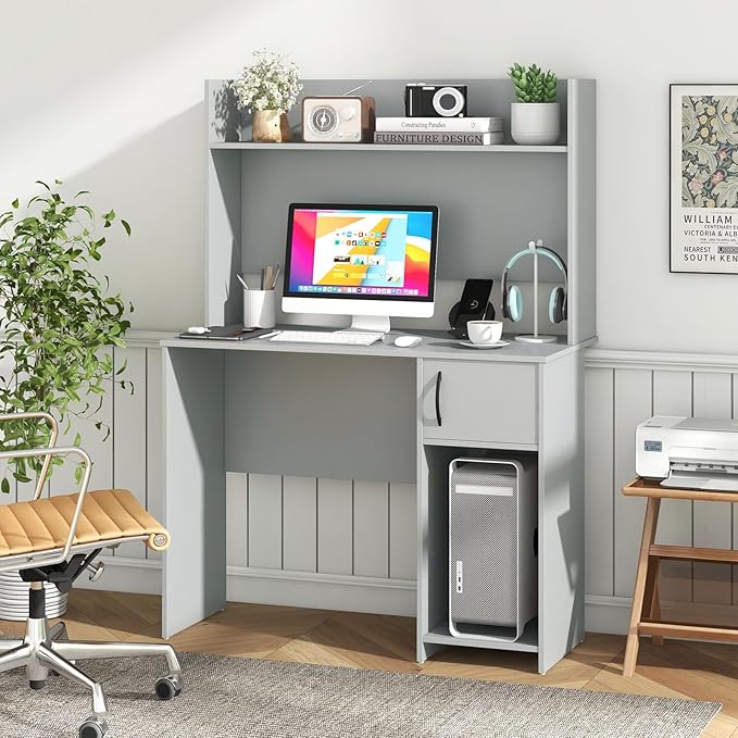 COSTWAY Computer Desk with Hutch Home Office Desk with Adjustable Shelf Modern Writing Table PC Desk with CPU Stand &amp Door Cabinet 2 Cable Management Holes Workstation for Bedroom Study Off