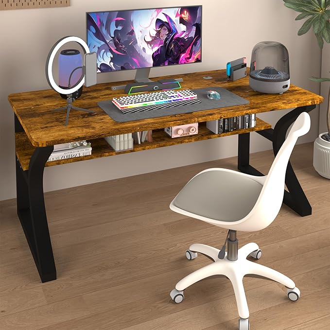 StarGraph Computer Desk 55'' Large Home Office Desk with Sturdy Metal Frame U Shaped Modern Computer Desks with Storage Study Writing Office Work from Home Desks (Rustic Brown 55 inch)
