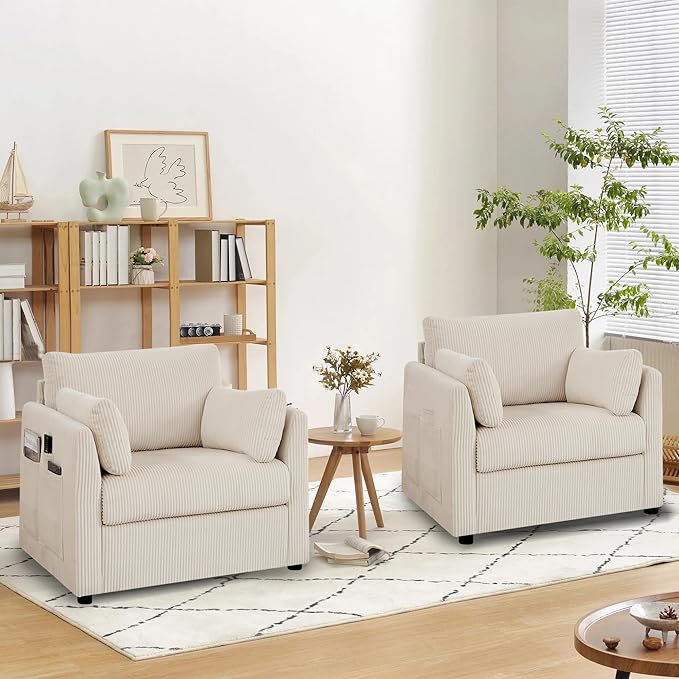 Accent Chair Set of 2 Living Room Chairs in Corduroy FabricReading Chair Sofa couches for Apartment Bedroom and Small Spaces. (Beige 2 Chairs)