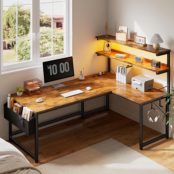 L Shaped Gaming Desk with LED Light &amp Power Outlet 53 Inch Reversible L Shaped Office Desk with Shelf &amp Storage Bag &amp Hook for Home Office Rustic Brown