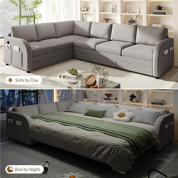 GNIXUU 115.2 L Shaped Couch with Pull Out Bed Convertible Sectional Sleeper Sofa with USB Port &amp Side Pockets 6 Seat Oversized Modular Teddy Cloud Couches for Living Room Apartment Light Gray