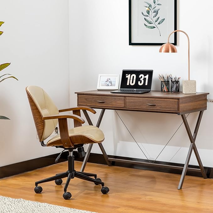 glitzhome 43 W Industrial Home Office Writing Desk with Power Outlet and USB Ports 2-Drawer Computer Laptop Table Walnut