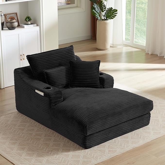 67.7 Oversized Chaise Lounge Chair Indoor Modern Corduroy Single Sleeper Couch Chair with 3 Soft Pillows＆Cup Holder Boneless Cloud Couch Single Seat Sofa for Living Room Bedroom (Black)