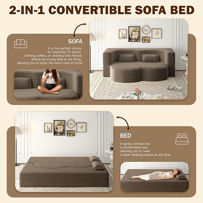 JOYBASE 78in Sofa Couch Convertible Oversized Cloud Loveseat Minimalist Sleeper Sofa Bed for Living Room Apartment Office No Assembly Required (Coffee Corduroy)