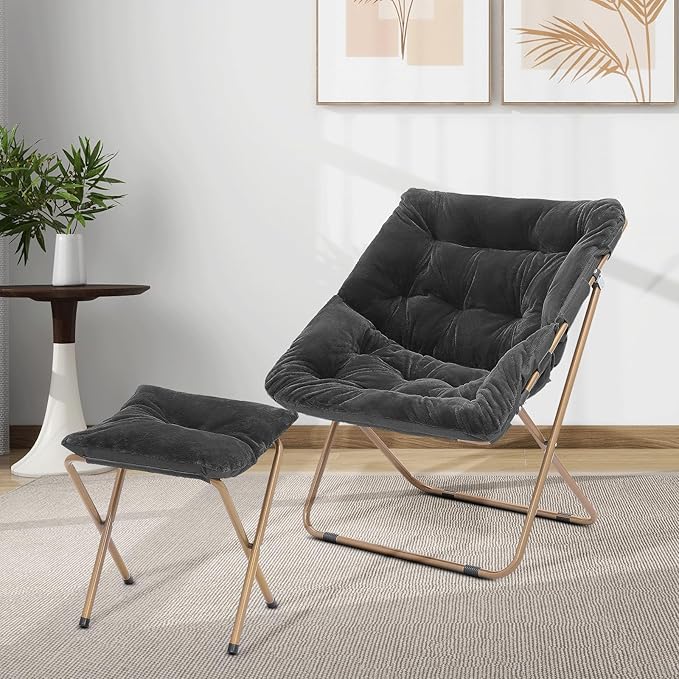 Cozy Saucer Chair Living Room Chair Faux Fur Soft Thick Padded Folding Chair Comfortable Square Moon Chair for Living Room Bedroom Reading Nook Modern Style 2 Pack Black