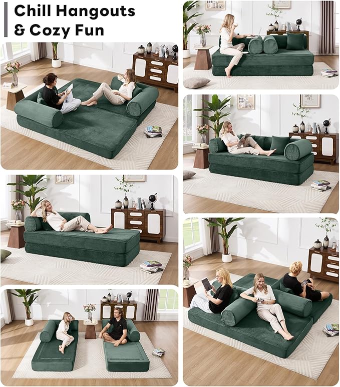 Tbfit 79'' Convertible Sofa Bed Oversized Corduroy Folding Boneless Couch Futon Mattress Sleeper Sofa Comfy Foldable Upholstered Floor Couches for Living Room Dark Green