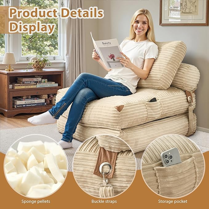 75'' Foldable Sofa Bed Convertible Sleeper Sofa with Pillow Boneless Corduroy Foldable Couch Bed Single Sleeper Chair for Small Spaces Living Room Bedroom StudioBeige