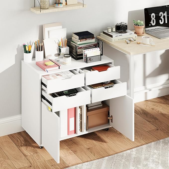 White File Cabinet with 4 Drawers and 2 Doors Under Desk Mobile Storage Organizer Wooden Printer Stand on Wheels 29 Lateral Filing Cabinet for Home Office Living Room