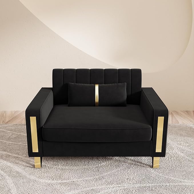 48.62 Modern Velvet Single Sofa Chair Upholstered Comfy Couch with Gold Metal Legs (Black-1 Seater)