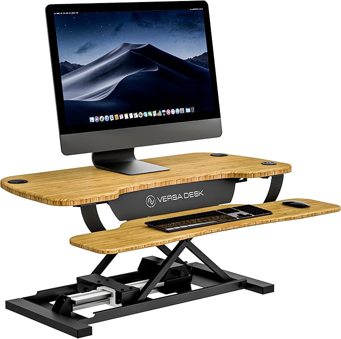 VERSADESK® PowerPro™ 36” x 24” Standing Desk Converter | 36 Inch Electric Height Adjustable Sit to Stand Desk Riser w/Keyboard Tray &amp USB Hub - Ergonomic Workstation for Home &amp Office Bamboo