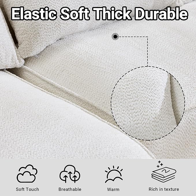 126.4 Oversized L-Shaped Boneless Sofa Deep Seat Sectional Couch with Curved Seat Design and 7 Pillows No-Assembly Chenille Sofa for Living Room Heavy-Duty Support（White）