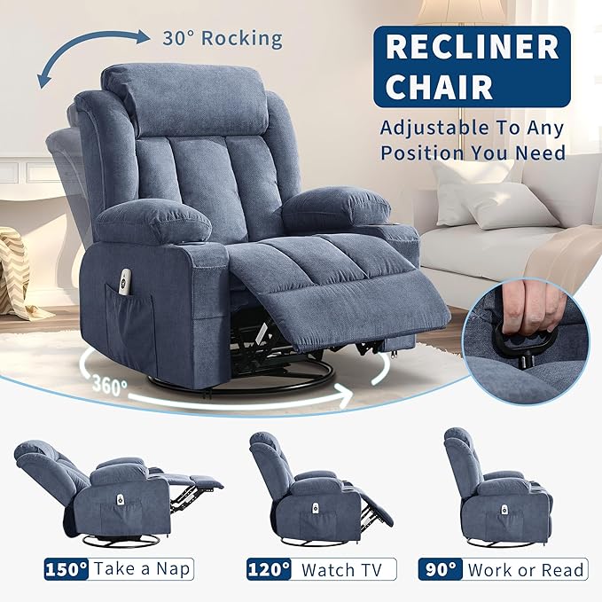 Oversized Swivel Rocker Recliner Chair with Heat &amp Massage 3-Position Adjustable Nursery Recliner for Adults Dual Cup Holders Side Pockets USB Charging Ports Blue