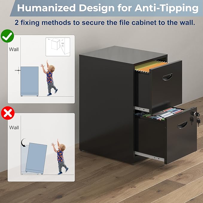 2 Drawer File Cabinet with Lock Metal File Cabinets for Home Office Under Desk Storage Printer Stand Office File Cabinets for Letters and File Boxes Assembly Required Black