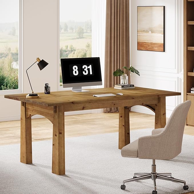 Solid Wood Executive Desk 63-Inch Computer Desk with Sturdy Wooden Legs Farmhouse Workstations Writing Table Conference Table Business Furniture for Home Office