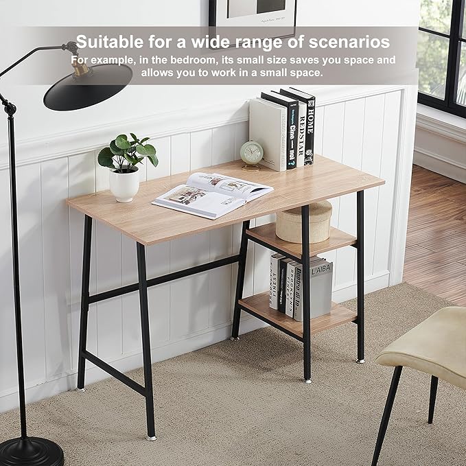 VECELO 43 Inch Writing Desk Home Office Home Office Study Tables with 2 Tier Storage Shelves Eiton Left or Right Side Simple Industrial Style with Adjustable Feet and Water Proof Surface Oak Desk
