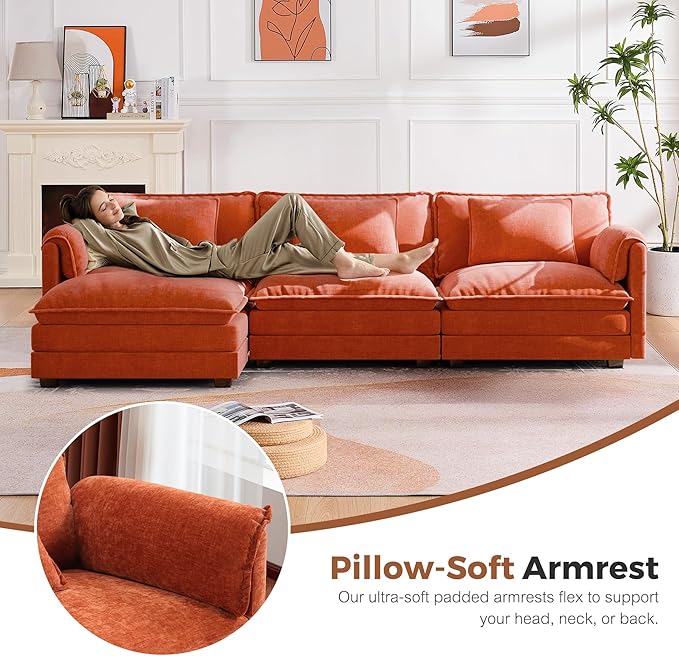 ABCASA Oversized 150 U Shaped Couch Modular Sectional Sofa 6-Seat Comfy Cloud Couch with 4 Pillows Deep Seat Couches for Living Room Bedroom and Apartment Chenille Orange