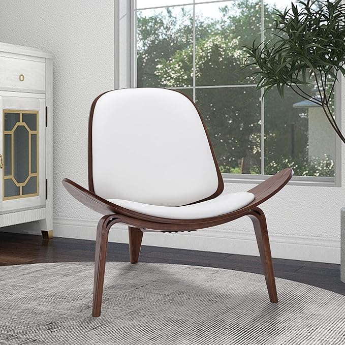 Belleze Mid-Century Modern Shell Side Accent Tripod Plywood Lounge Chair Walnut Upholstered Faux Leather White