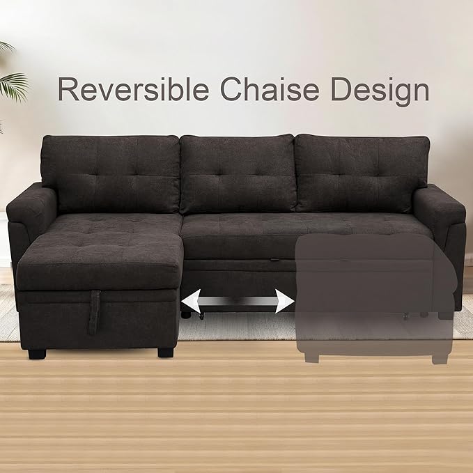Naomi Home L Shaped Sectional Couch with Storage &amp Pull Out Bed – 3-in-1 Convertible Sleeper Sofa Bed Small L Shape Sofa for Living Room Sofa Bed with Storage Chaise in Espresso Velvet