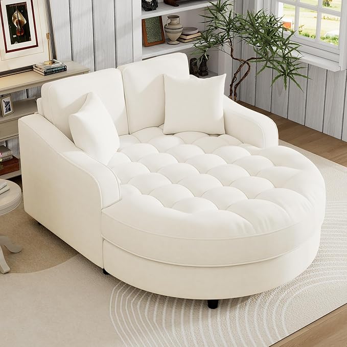 55 Oversized Chaise Lounge Chair Indoor Modern Lounge Sofa Bed with Tufted Seat and Detachable Pillows Chenille Fabric Upholstered Sofa Couch for Living Room (Beige/175)