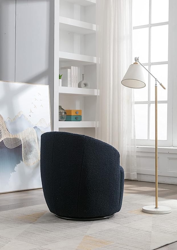 kevinplus Swivel Barrel Chair Accent Armchair for Living Room Bedroom 360 Degree Modern Round Upholstered Single Sofa Couch Chair Cozy Small Swivel Chair for Apartment Teddy Fabric Dark Blue
