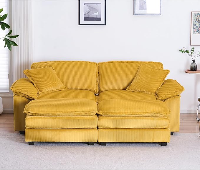 84.6” Corduroy Loveseat with Ottoman Oversized Double Chaise Lounge Chair Indoor Deep Seat Two Seater Couch Cloud Couch Modular Sectional Sofa for Living Room(Corduroy Yellow)