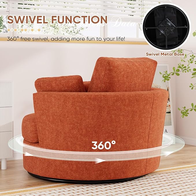 Oversized Swivel Accent Chair with Half Moon Storage Ottoman 42 W Chenille Round Swivel Barrel Chair Modern Upholstered Comfy Single Sofa Armchair for Living Room Bedroom Club(Orange)