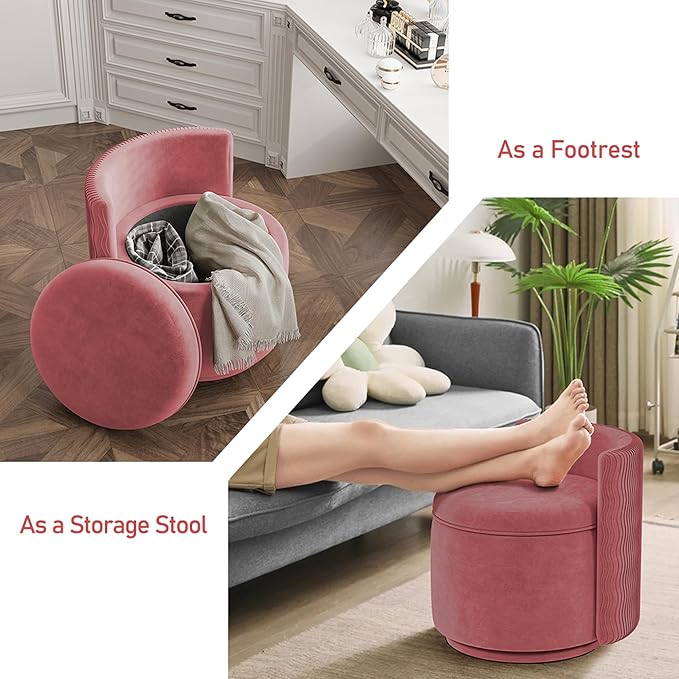 360° Swivel Accent Chair with Storage Vanity Stool with Back Velvet Storage Ottoman Upholstered Round Barrel Vanity Chair for Living Room Makeup Room Bedroom (Dusty Rose)