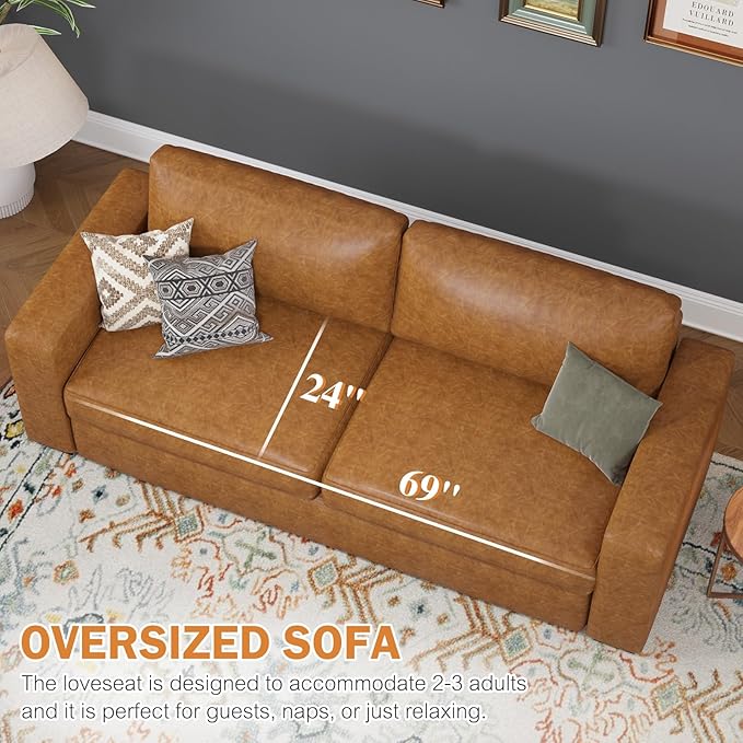 ABCASA 85 Faux Leather Couch with Padded Cushions Mid-Century Modern Sofa with Extra Deep Seats 3-Seater Sofa Couch for Living Room Apartment Lounge Brown
