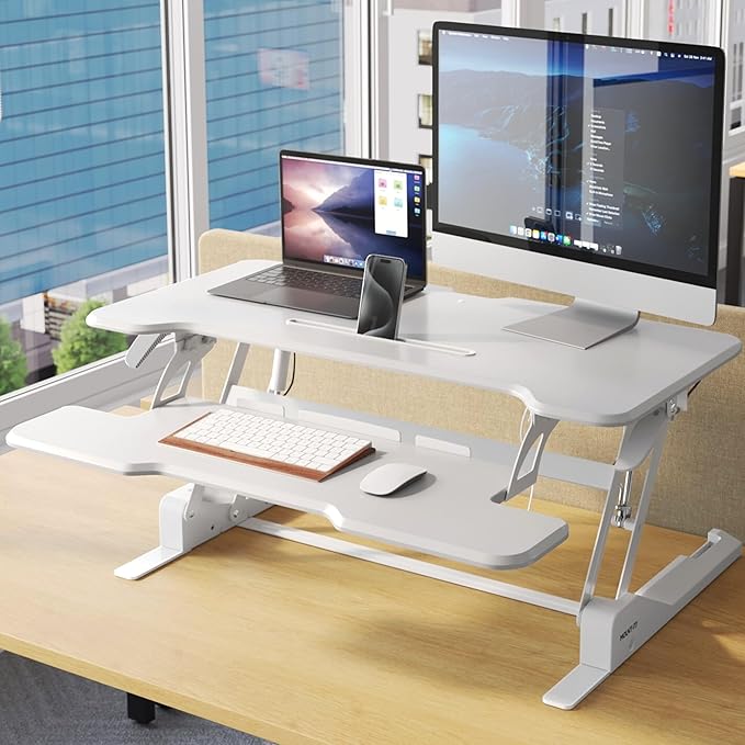 Mount-It! Standing Desk Converter White 38” Wide Height Adjustable Stand Up Desk Riser Desk Topper with Gas Spring Desktop Standing Desk with Keyboard Tray Fits Two Monitors