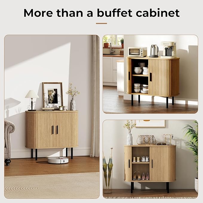 BREEZEHEAT 35 Mid Century Modern TV Stand-Fluted Sideboard Cabinet–Tambour Small Buffet Cabinet w/Sliding Doors &amp Adjustable Shelves–Small TV Cabinet for Living Room