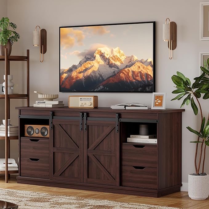 YESHOMY Farmhouse TV Stand for Televisions up to 65 Inch Wood Entertainment Center with Sliding Barn Doors and 4 Storage Drawers 58’’ Media Console Cabinet with Shelves for Living Room Espresso