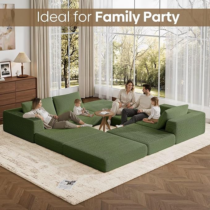 L-Shaped Corduroy Modular Sectional Couch Modern Floor Couch Sofa for Apartment Living Room Convertible Sleeper Sofa Bed with 3 Pillows No Assembly Required Green