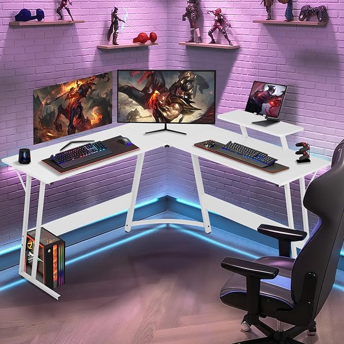51 Inch L Shaped Gaming Desk Corner Computer Desk with Detachable Monitor Stand for Home Office Learning Gaming WorkstationWhite