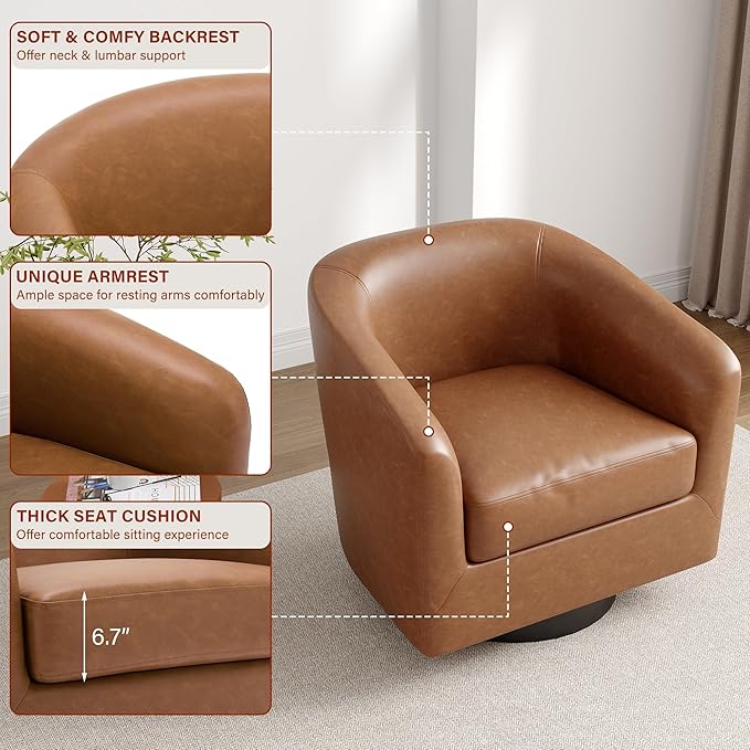 Lumibee Faux Leather Swivel Barrel Chairs Upholstered Comfy Round Swivel Accent Chair 360° Rotation Single Sofa Club Armchair for Living Room Reading Room Bedroom Brown