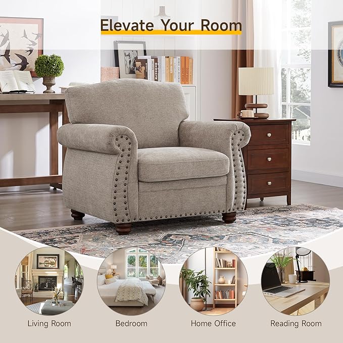 ONBRILL Nailhead Trim Armchair Rolled Arm Accent Chair for Living Room Comfy Chenille Club Sofa Chair w/Springs Cushions &amp Wood Legs Traditional Single Couch Chair for Apartment Farmhouse Bei