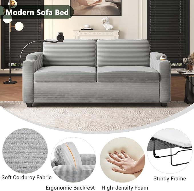 Merax 72.8 Corduroy Sleeper Sofa Bed with Full Size Mattress Futon Couches with USB Ports | Phone &amp Cup Holders| Side PocketsPull Out Couch for Living Room Small Loveseat Grey