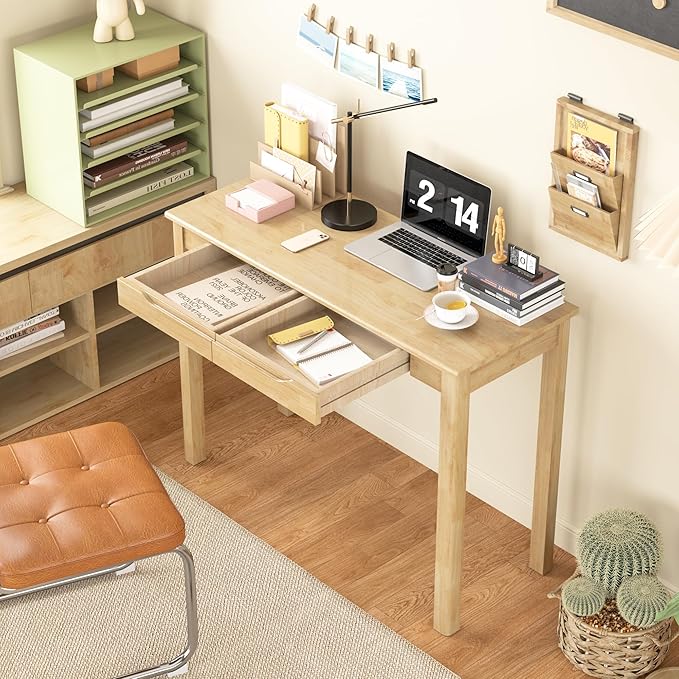 Solid Wood Desk with Drawers - 39 x 16 Inch Boho Narrow Desks Mid Century Modern Desks Rubber Wood Study Table Small Writing Desk for Bedroom|Small Spaces Natural