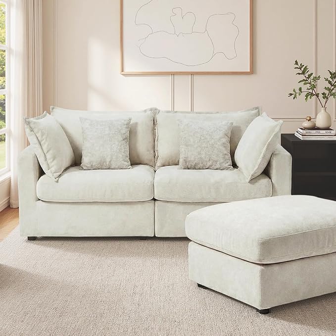 83 Modular Sectional Sofa L Shaped Couch Set for Living Room Down Filled Cloud Couch with Storage Ottoman 2 Seater Loveseat Deep Seat Sofa Chenille Beige