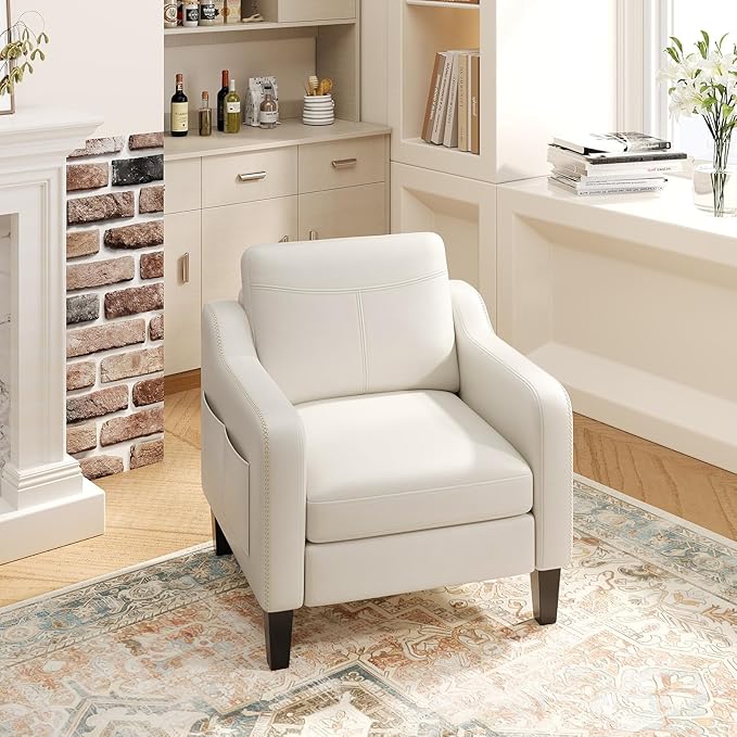 PU Leather Accent Chair Mid-Century Modern Living Room Armchair Sofa with Removable Cushions Solid Wood Frame &amp Stitched Armrest Design Bedroom Chair with Plastic Legs Beige